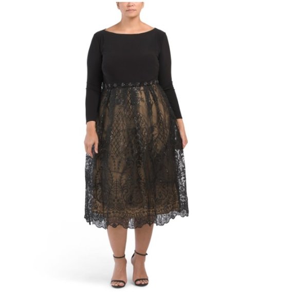 Women's Plus Size Embellished Skirt High Neck Long Sleeve Midi Dress